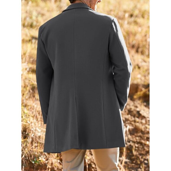 💫 Men Grey Long Trench Coat Slim Fit Single Breasted Winter Warm Cotton Jacket - Picture 3 of 4